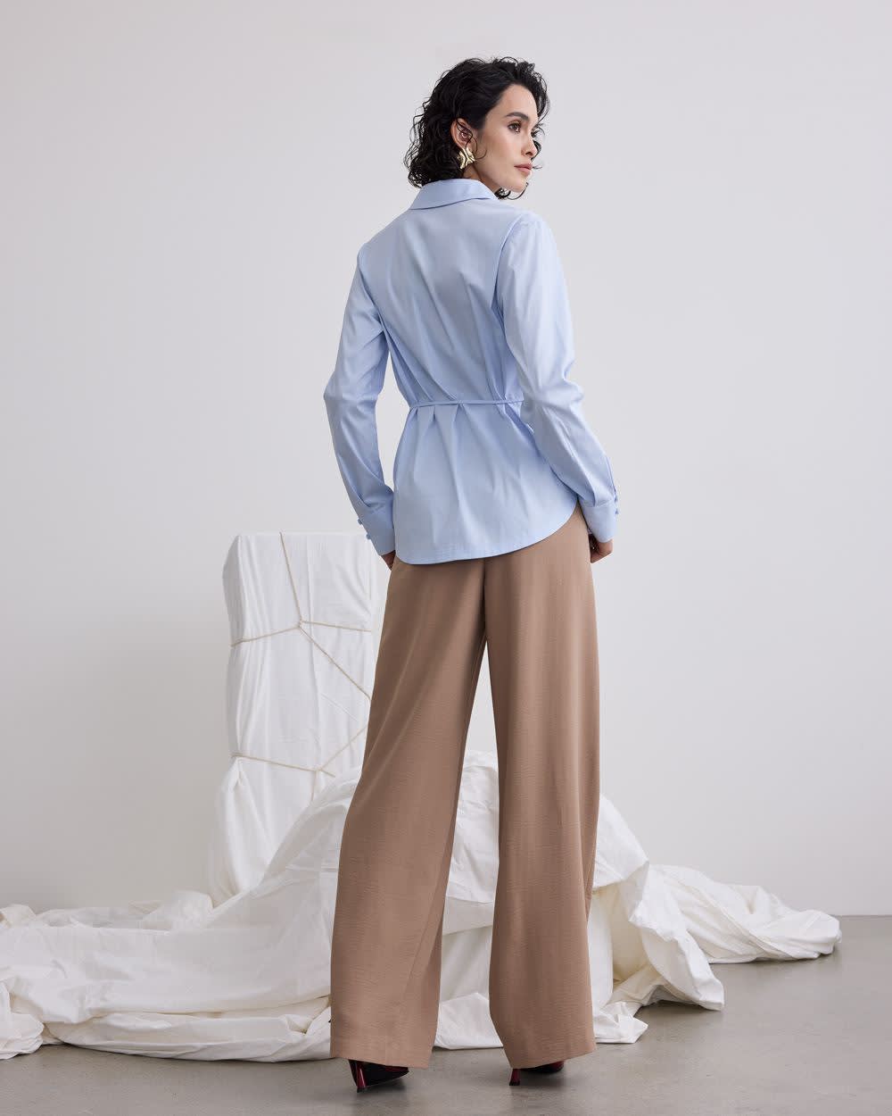 Long-Sleeve Poplin Shirt with Self-Tie Sash - Image 2