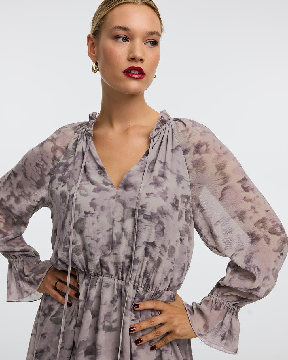 Long-Sleeve V-Neck Midi Dress with High-Low Hem - Image 6