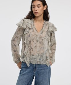 Long-Sleeve Split-Neck Blouse with Ruffled Details