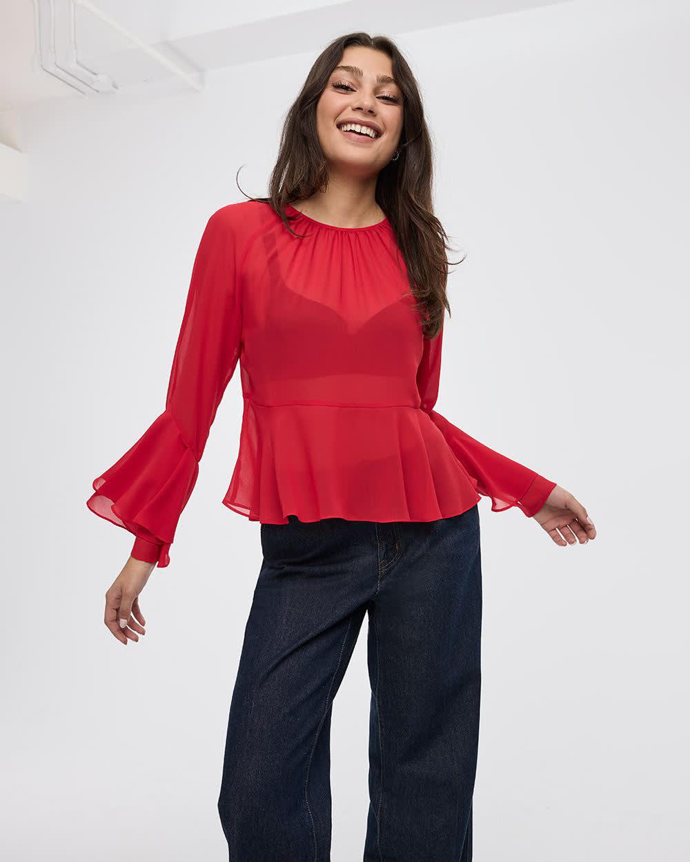 Long-Sleeve Crew-Neck Peplum Blouse - Image 3