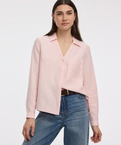 Long-Sleeve Split-Neck Blouse with Chest Pocket