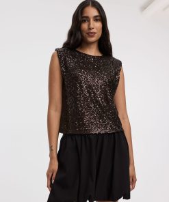 Extended-Sleeve Crew-Neck Sequins Top