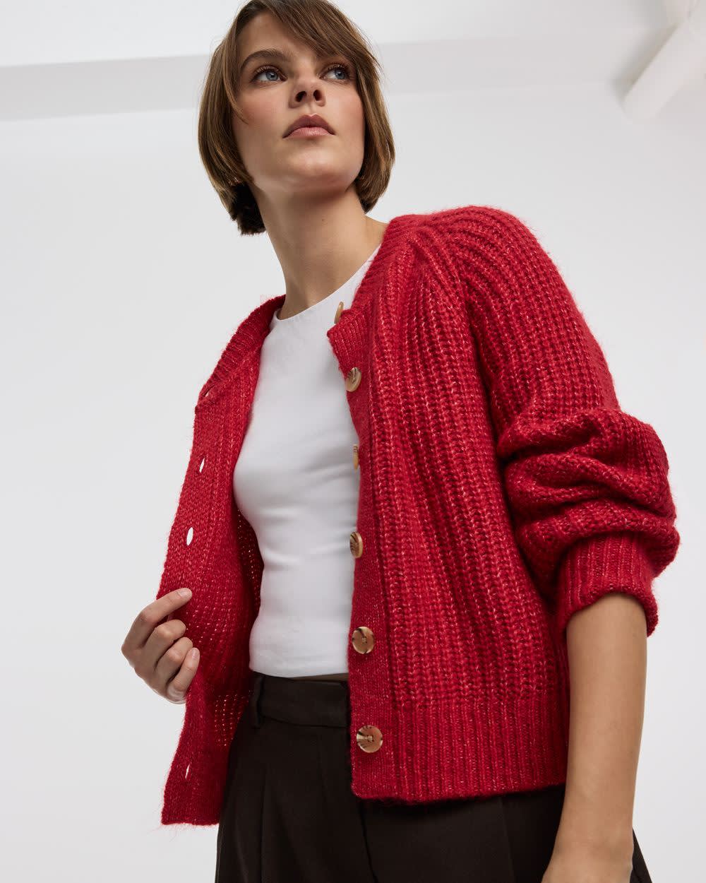 Long-Balloon-Sleeve Crew-Neck Cardigan - Image 8