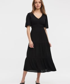 Short-Flutter-Sleeve V-Neck Tiered Midi Dress