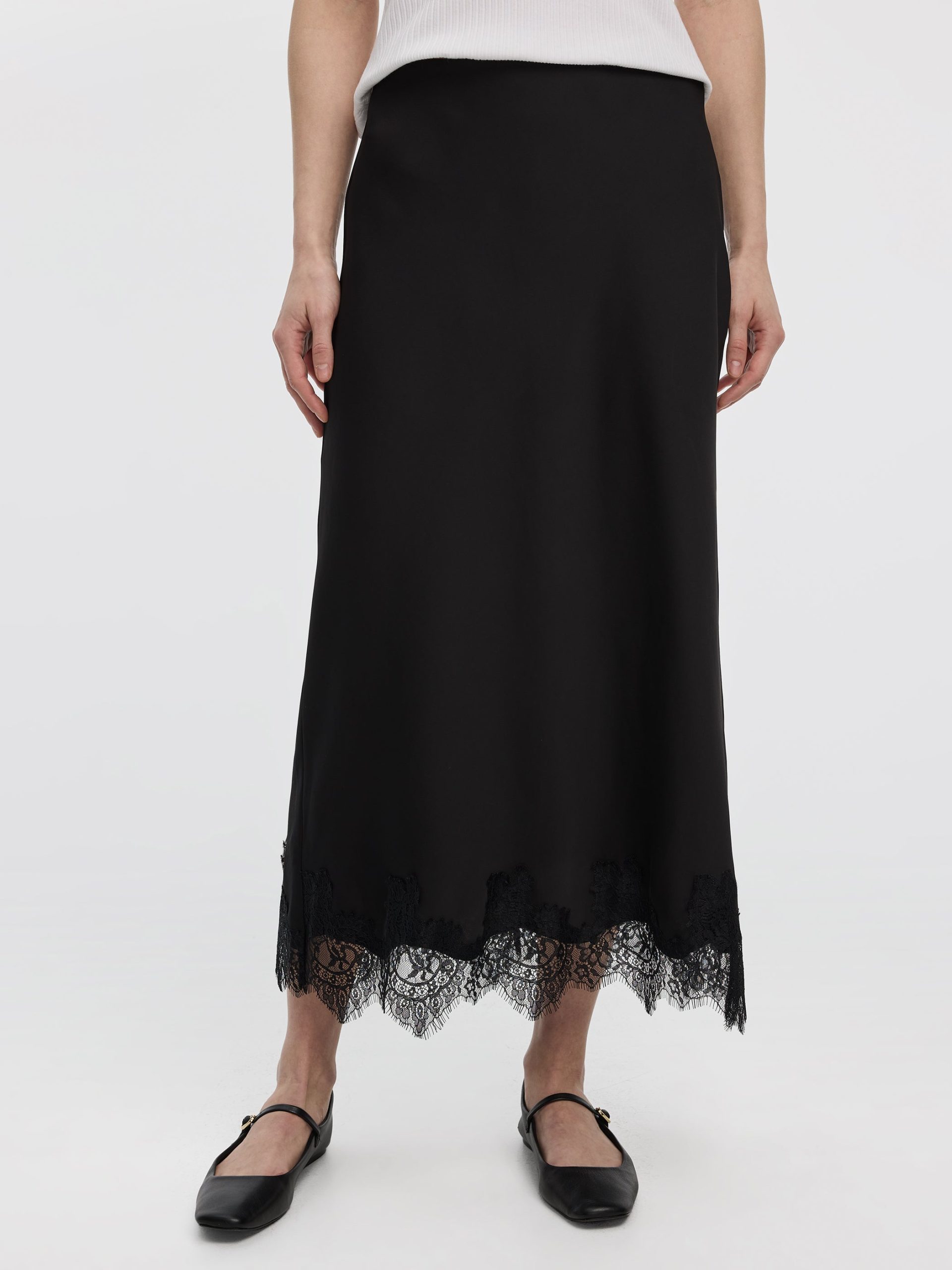 Satin A-Line Midi Skirt with Lace Trim - Image 2