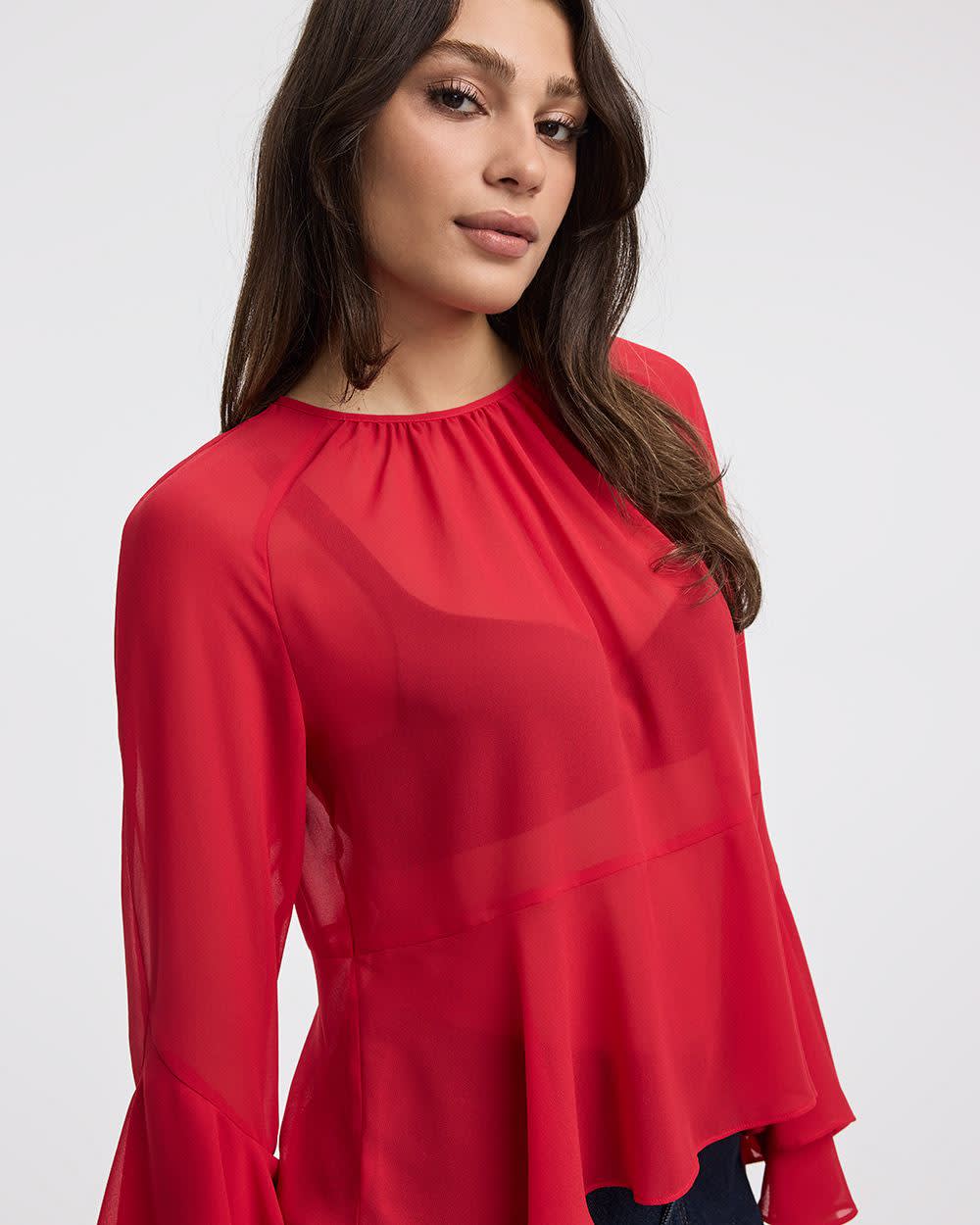 Long-Sleeve Crew-Neck Peplum Blouse - Image 4