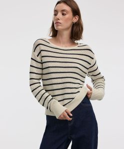 Striped Long-Sleeve Open-Stitch Pullover