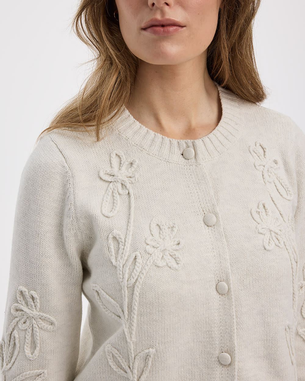 Long-Sleeve Crew-Neck Cardigan with Soutache Flowers - Image 2