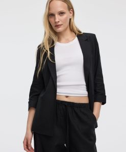 Open Linen Blazer with 3/4 Sleeves
