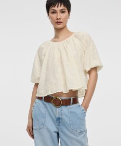 Elbow-Sleeve Scoop-Neck Eyelet Blouse