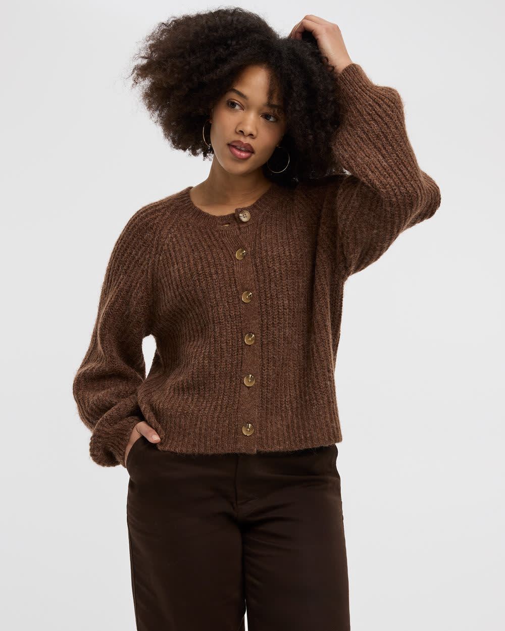 Long-Balloon-Sleeve Crew-Neck Cardigan