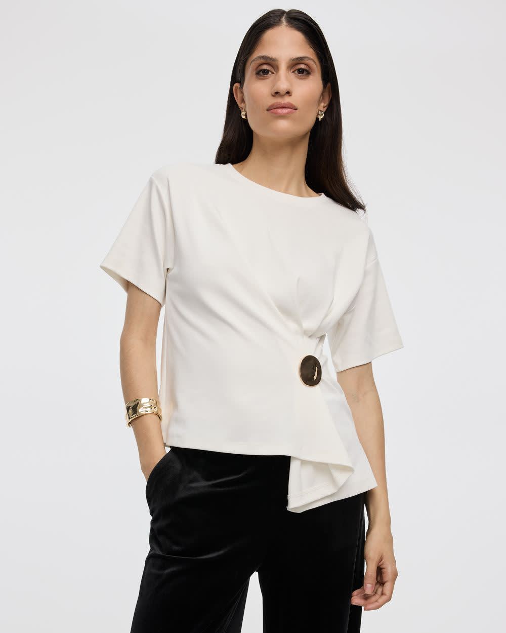 Short-Sleeve Crew-Neck Top with Cinched Waist - Image 5