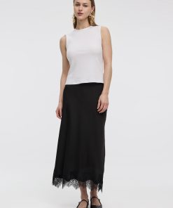 Satin A-Line Midi Skirt with Lace Trim