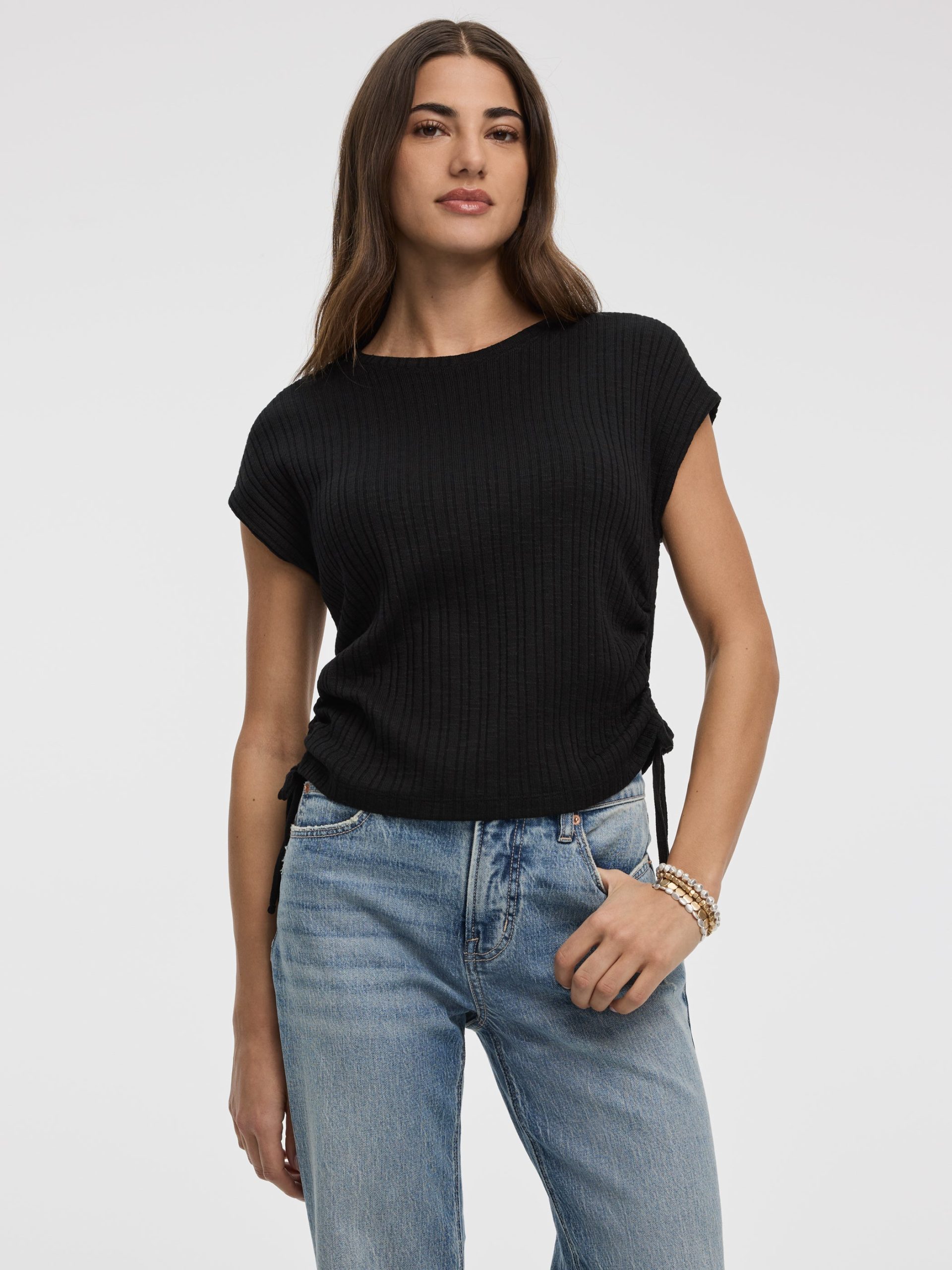 Extended-Sleeve Shirred Tee with Drawstrings