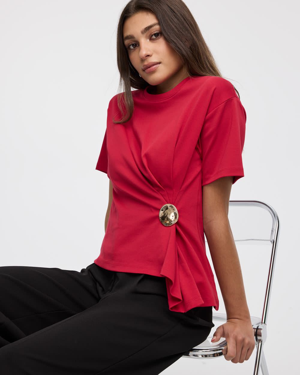 Short-Sleeve Crew-Neck Top with Cinched Waist - Image 11