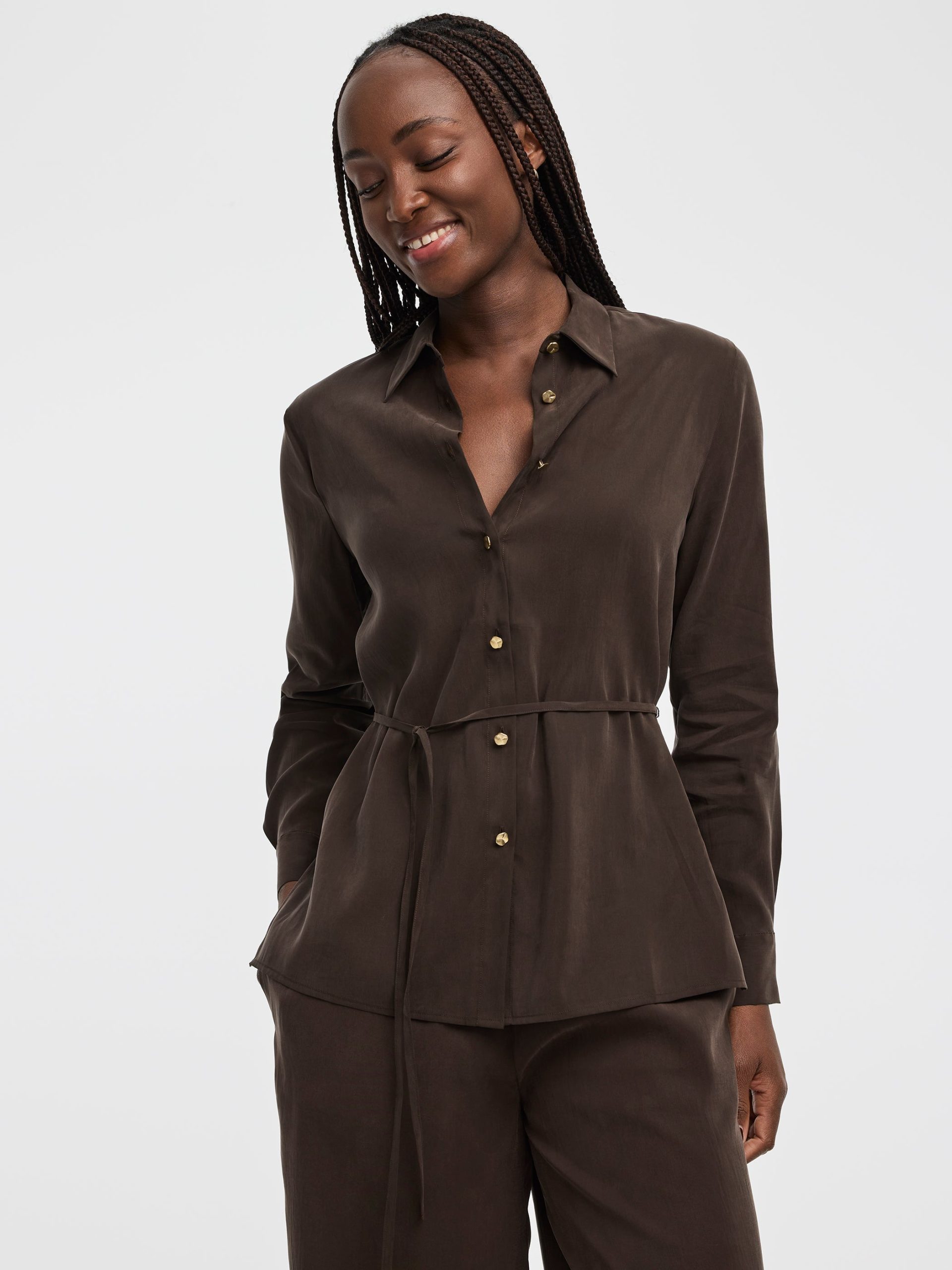 Long-Sleeve Shirt with Self-Tie Sash