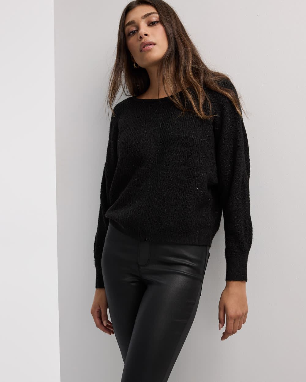 Long-Sleeve Boat-Neck Boxy Sweater with All-Over Sequins - Image 3