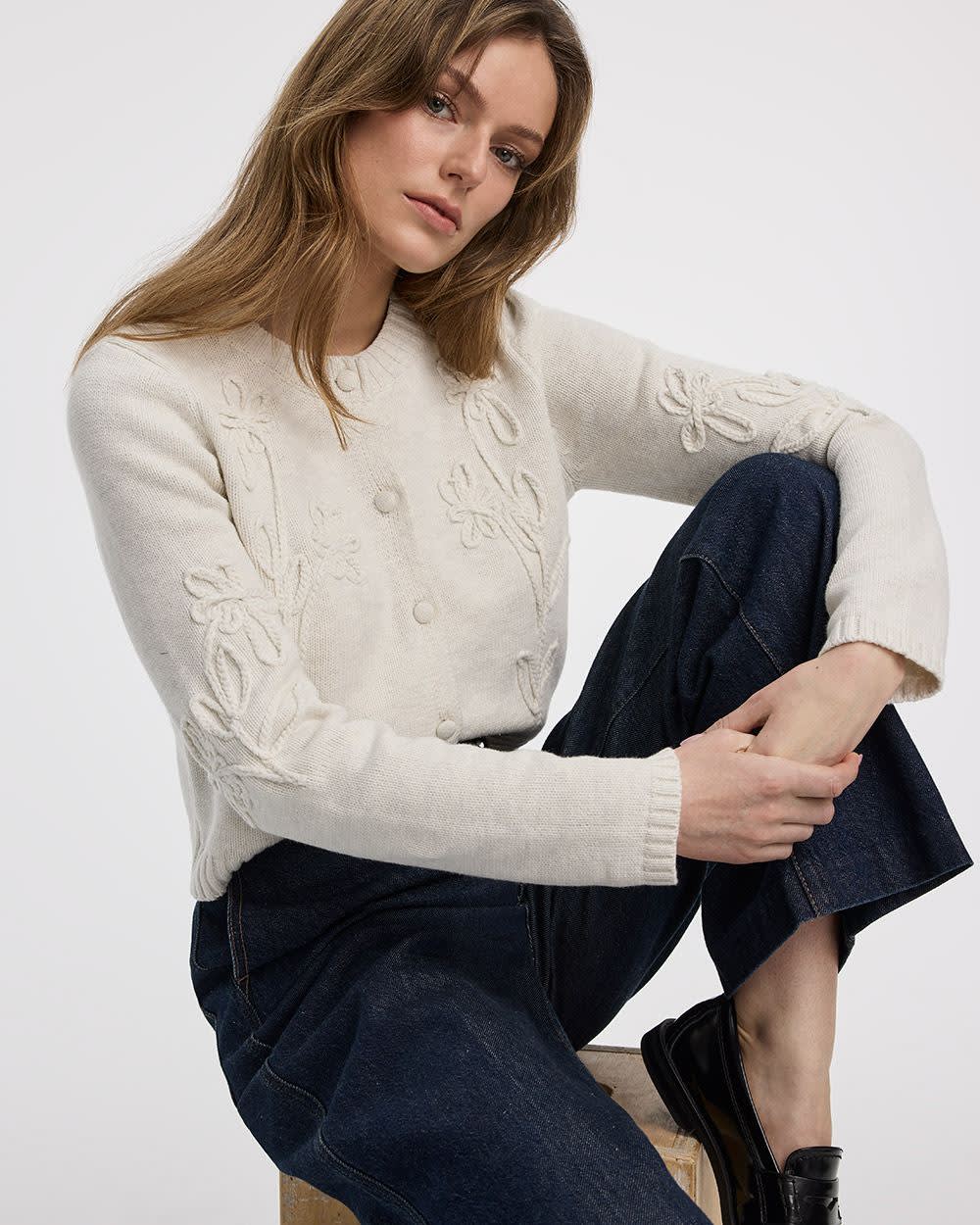 Long-Sleeve Crew-Neck Cardigan with Soutache Flowers - Image 4