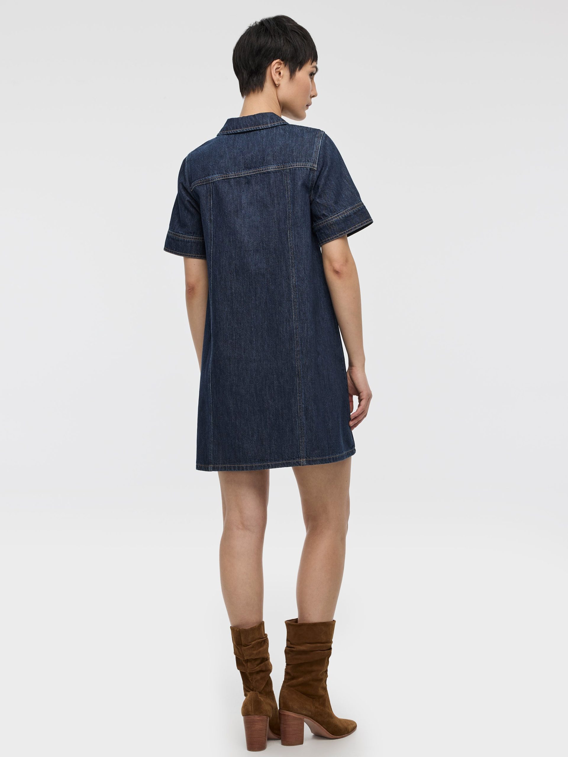 Elbow-Sleeve Shirt-Collar Denim Mini Dress - Image 3