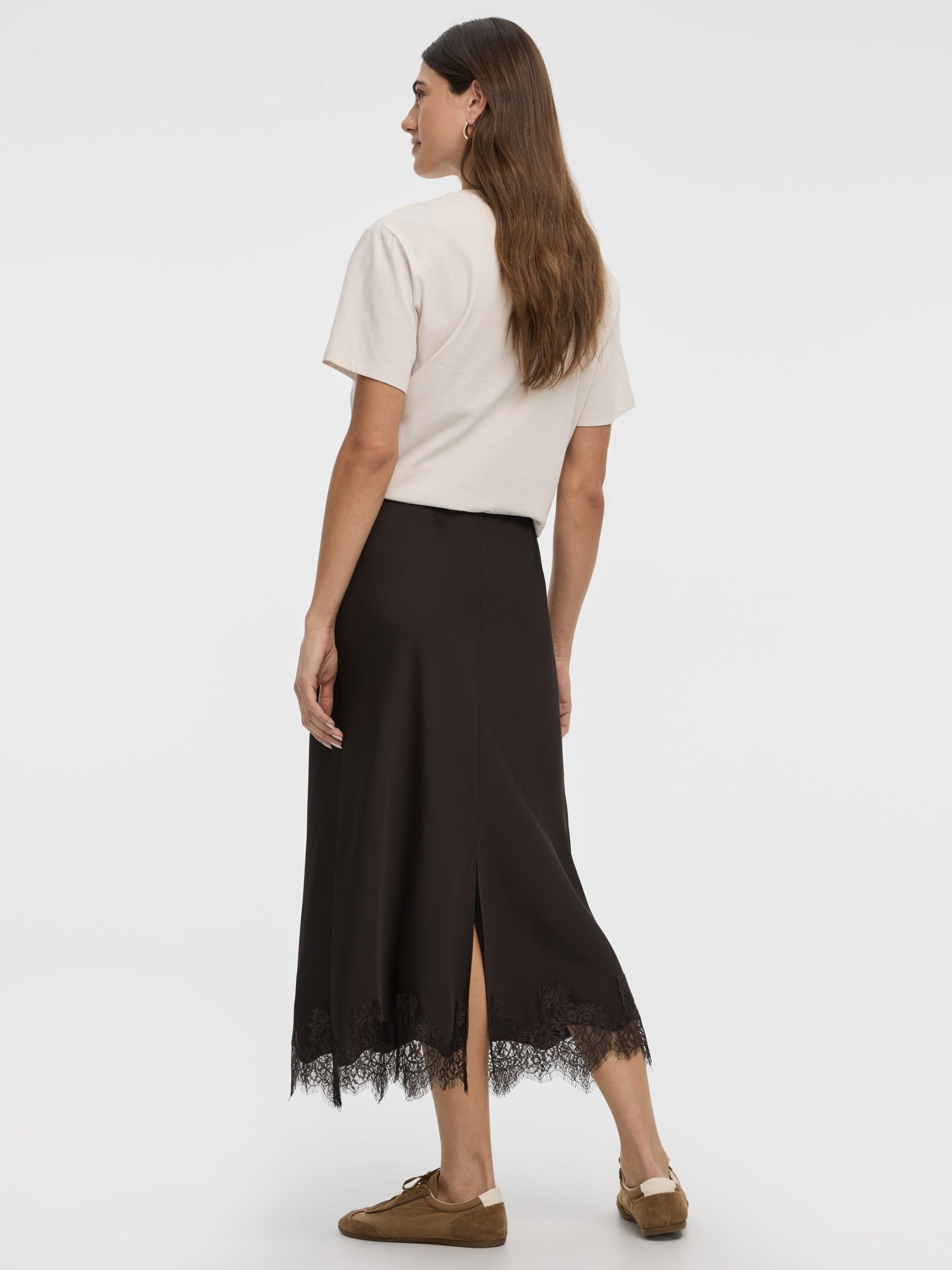 Satin A-Line Midi Skirt with Lace Trim - Image 9