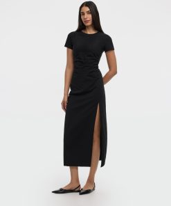 Short-Sleeve Bodycon Midi Dress with Side Shirring