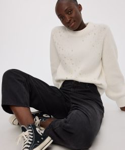 Long-Sleeve Crew-Neck Sweater with Pearls