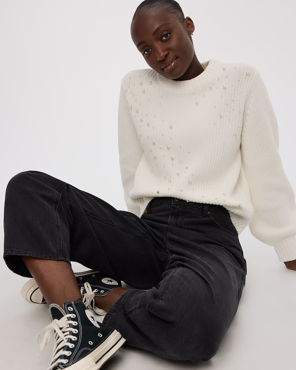 Long-Sleeve Crew-Neck Sweater with Pearls