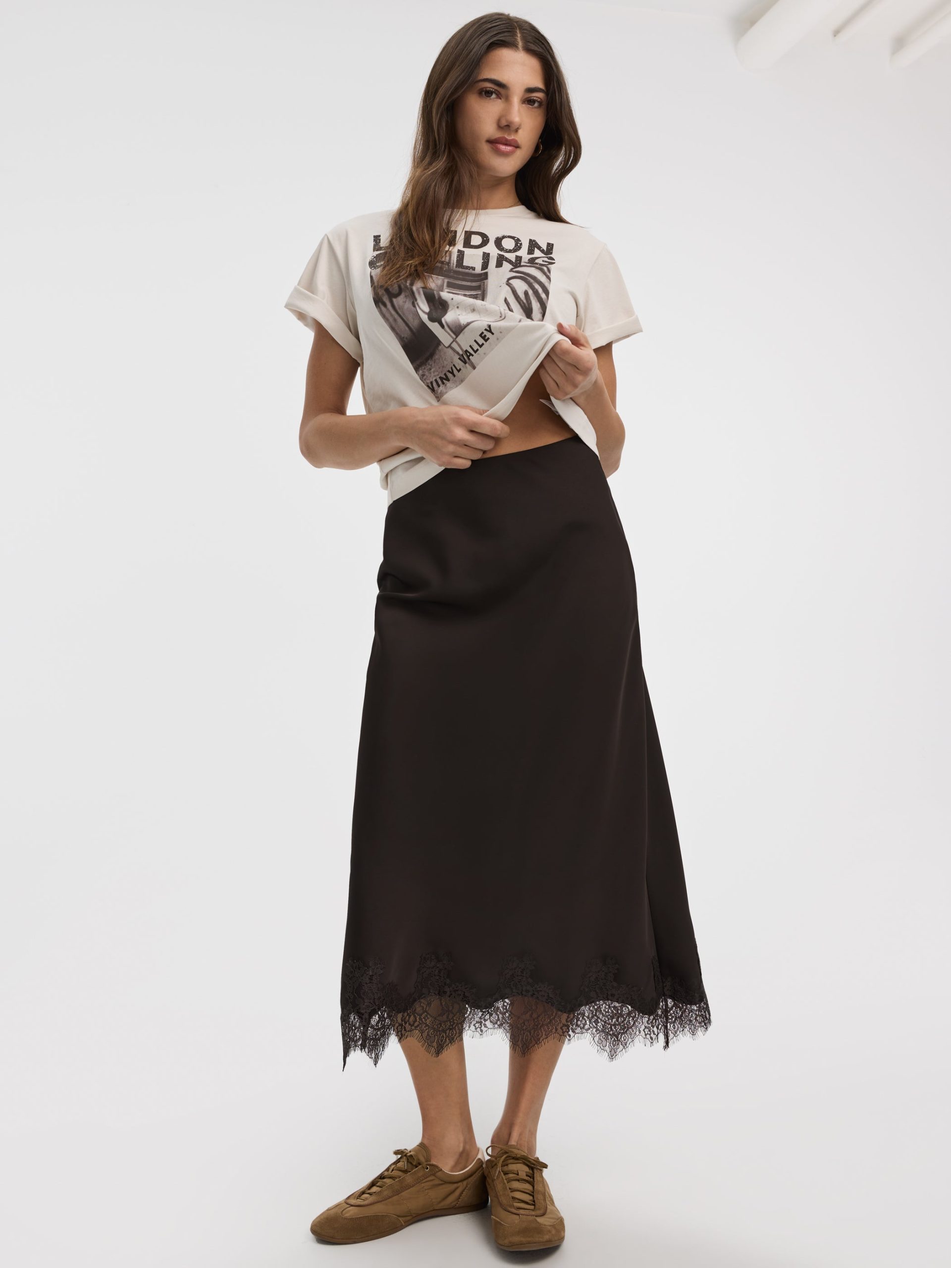 Satin A-Line Midi Skirt with Lace Trim - Image 10