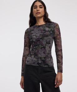 Long-Sleeve Crew-Neck Mesh Top