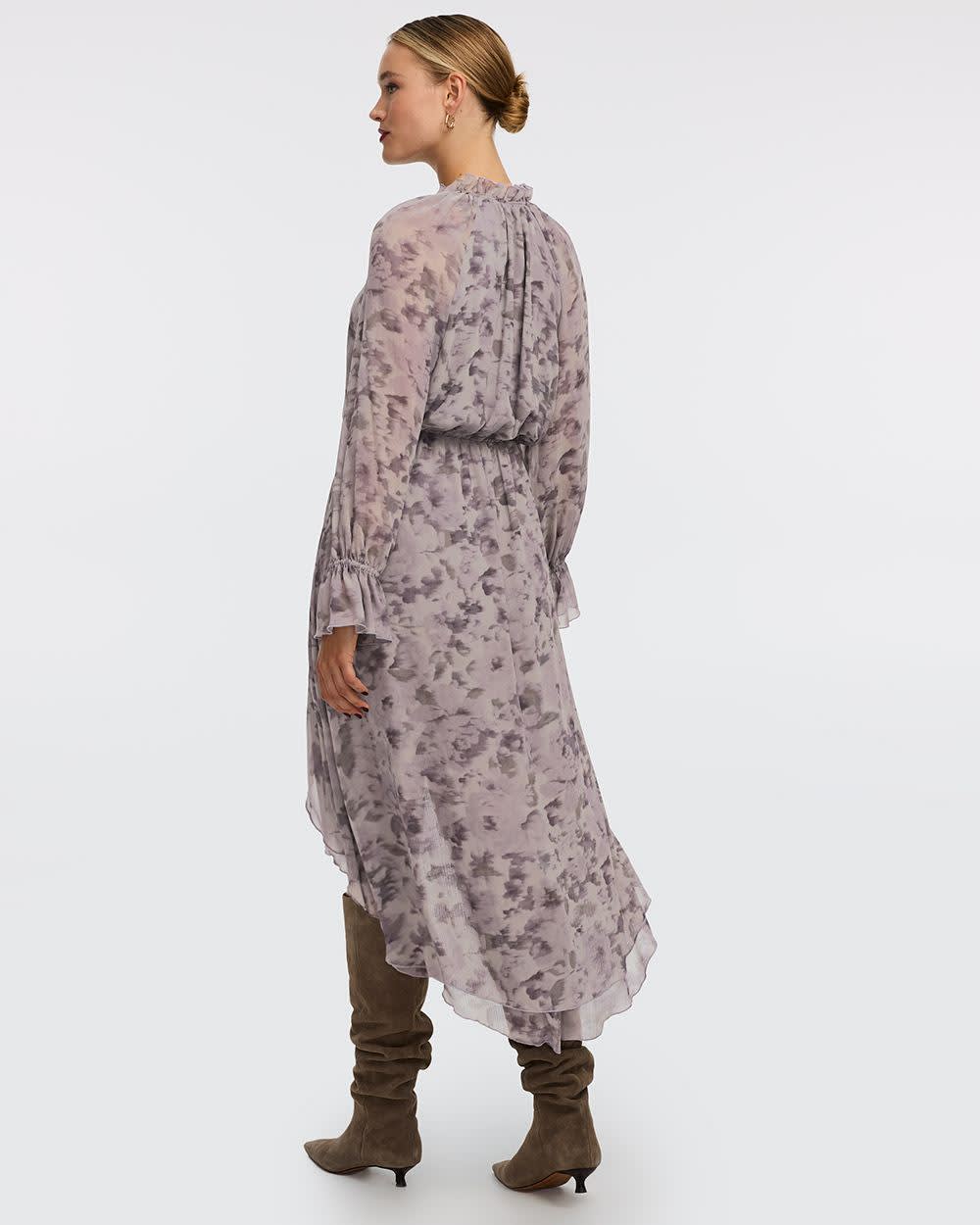 Long-Sleeve V-Neck Midi Dress with High-Low Hem - Image 2