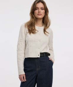 Long-Sleeve Crew-Neck Cardigan with Soutache Flowers