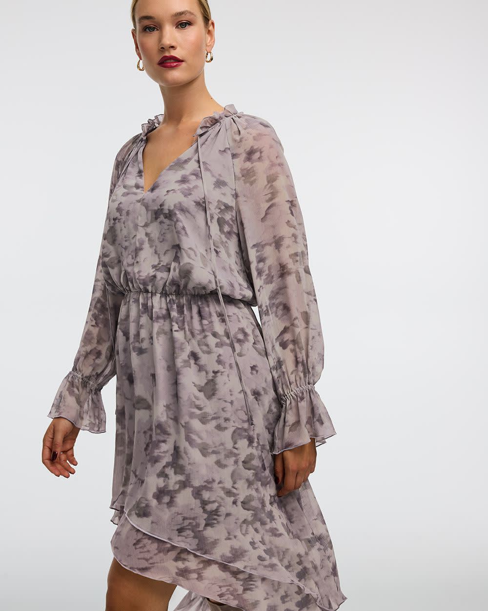 Long-Sleeve V-Neck Midi Dress with High-Low Hem - Image 3