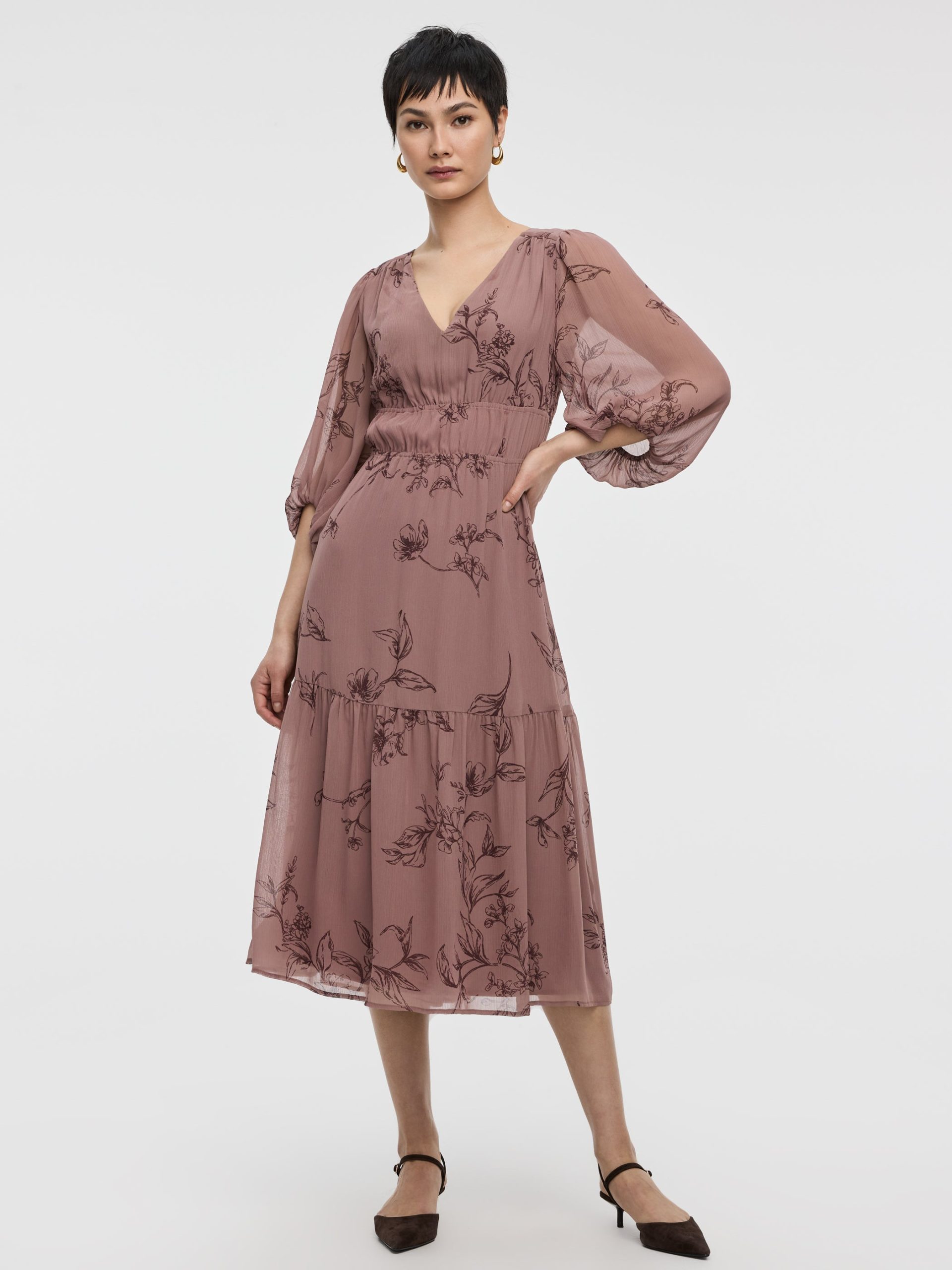 V-Neck Empire Midi Dress with Sheer Sleeves - Image 5
