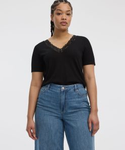 Short-Sleeve V-Neck Tee with Lace Trim