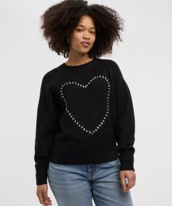 Long-Sleeve Crew-Neck Pullover with Heart Embroidery
