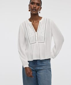 Long-Sleeve Split-Neck Blouse with Embroideries