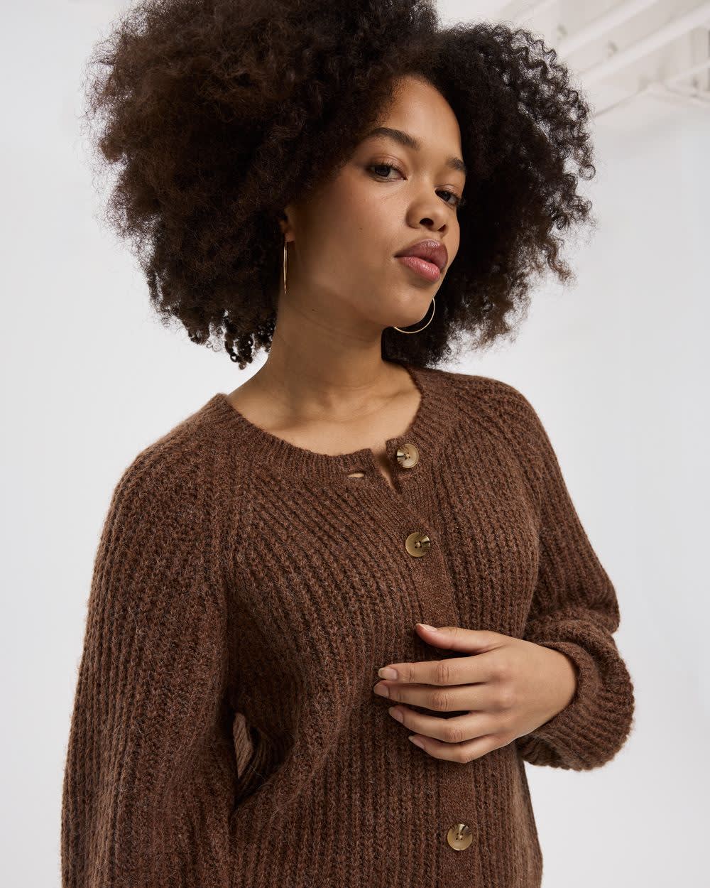 Long-Balloon-Sleeve Crew-Neck Cardigan - Image 4