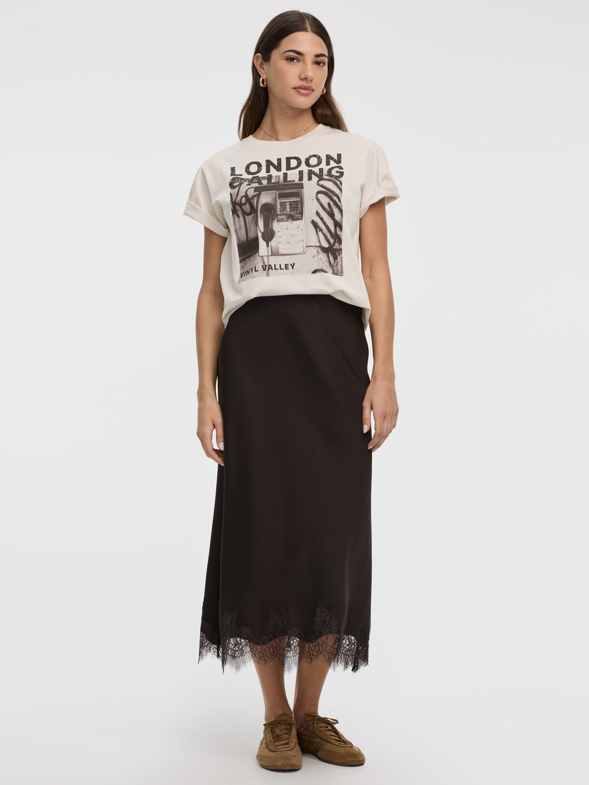 Satin A-Line Midi Skirt with Lace Trim - Image 6