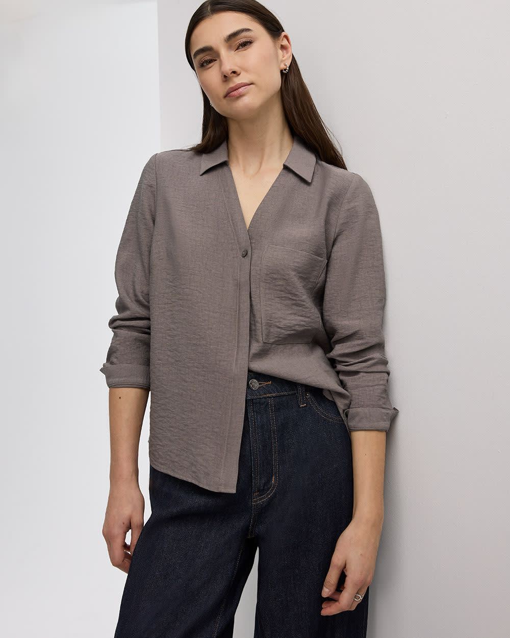 Long-Sleeve Split-Neck Blouse with Chest Pocket - Image 7