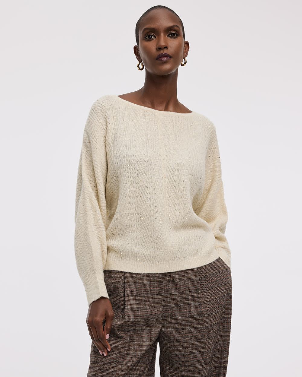 Long-Sleeve Boat-Neck Boxy Sweater with All-Over Sequins - Image 5