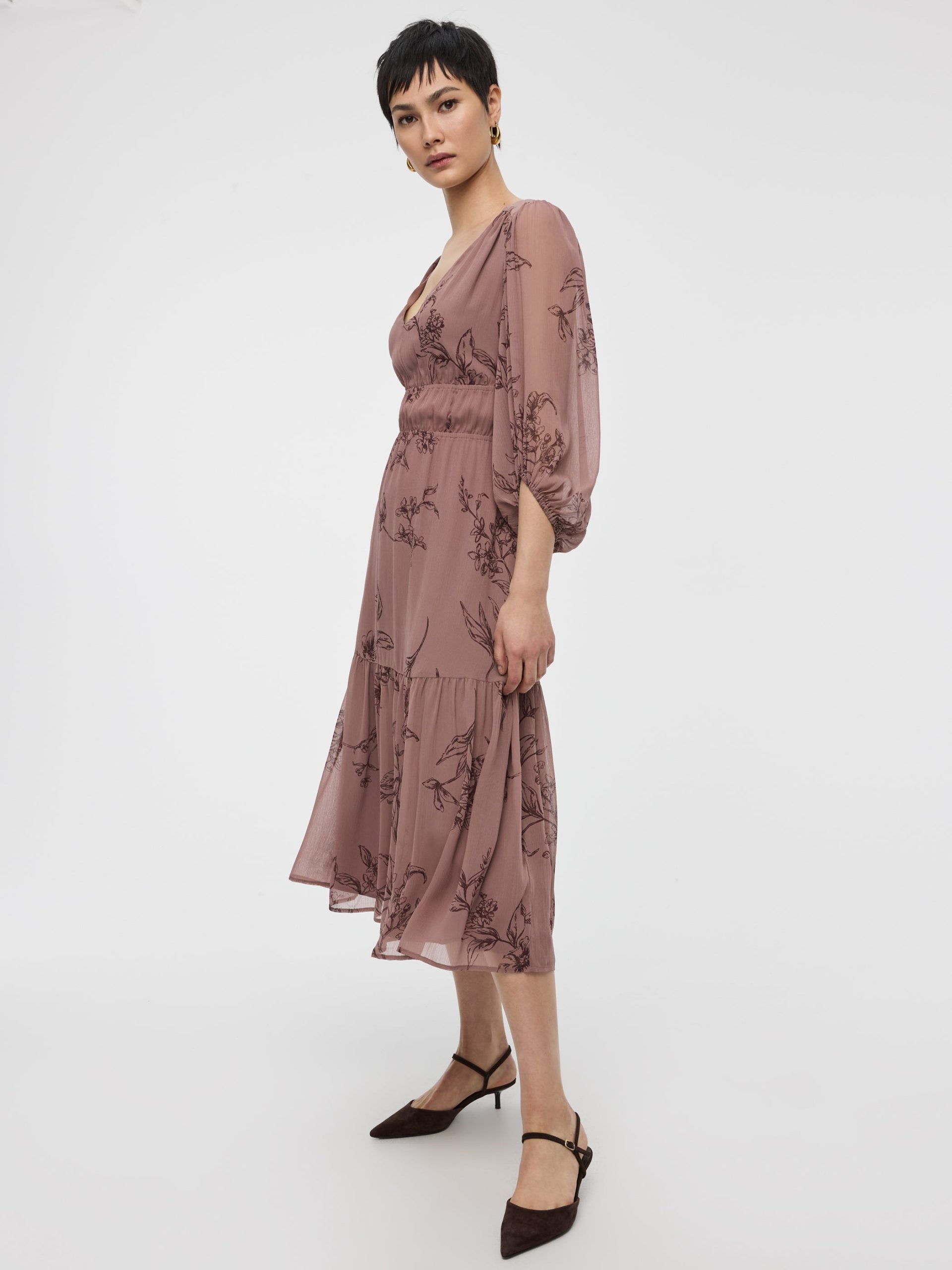 V-Neck Empire Midi Dress with Sheer Sleeves - Image 8