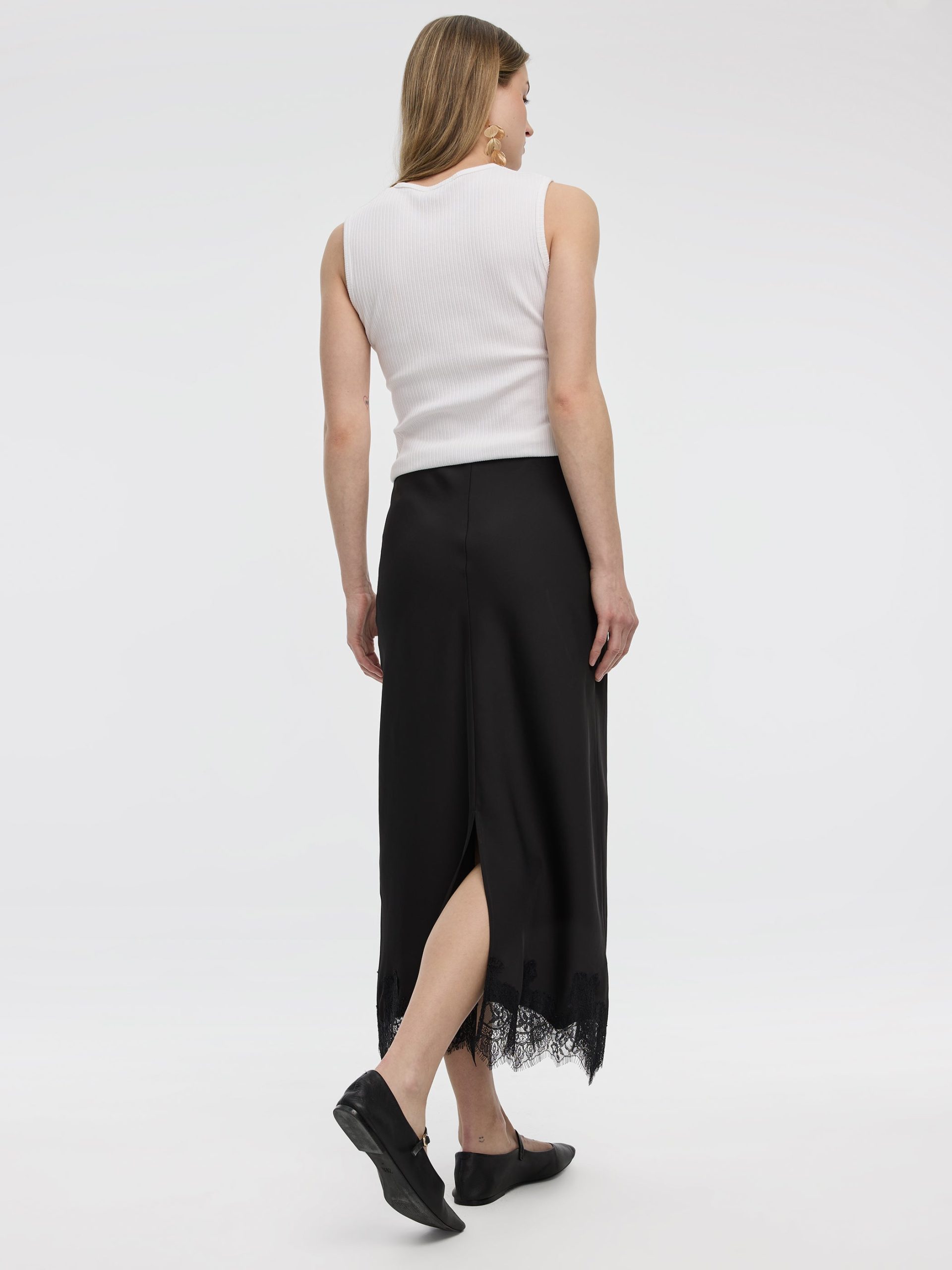 Satin A-Line Midi Skirt with Lace Trim - Image 4