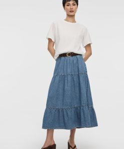 Pull-On Tiered Denim Midi Skirt