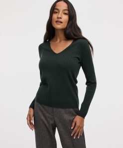 Long-Sleeve V-Neck Pullover with Wide Ribs