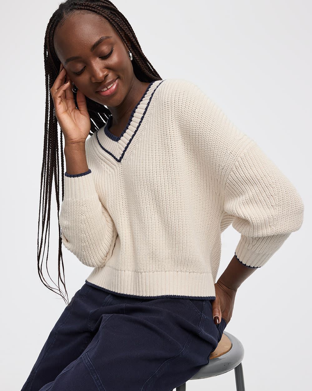 Long-Sleeve V-Neck Loose Sweater - Image 3