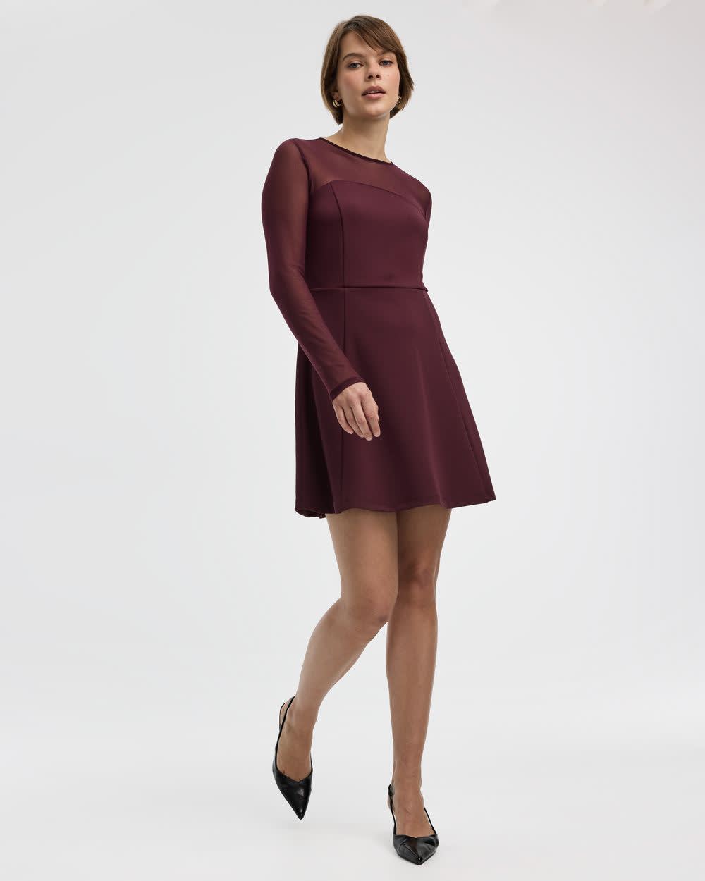 Long-Sleeve Fit-and-Flare Dress with Sheer Yoke - Image 3
