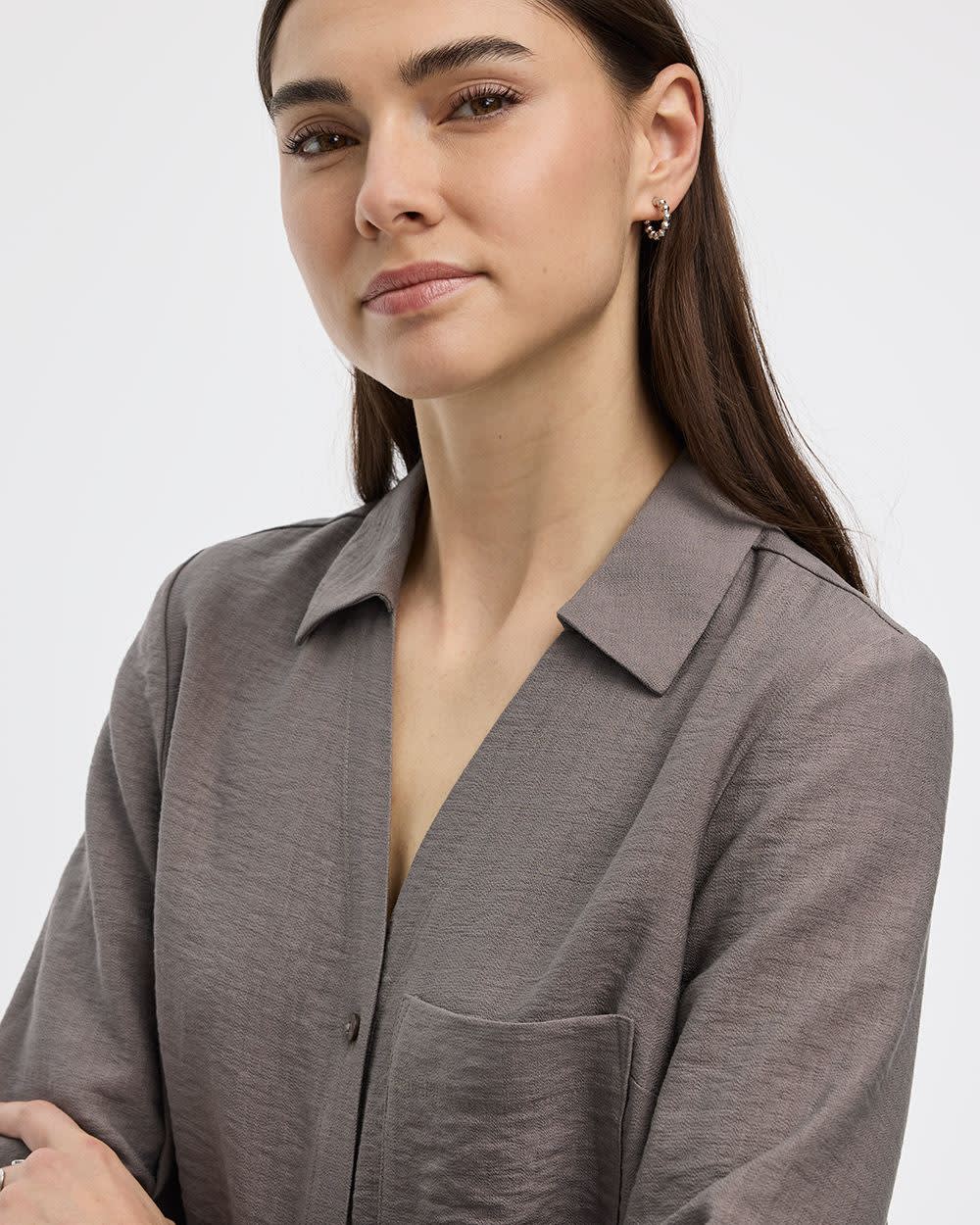 Long-Sleeve Split-Neck Blouse with Chest Pocket - Image 8