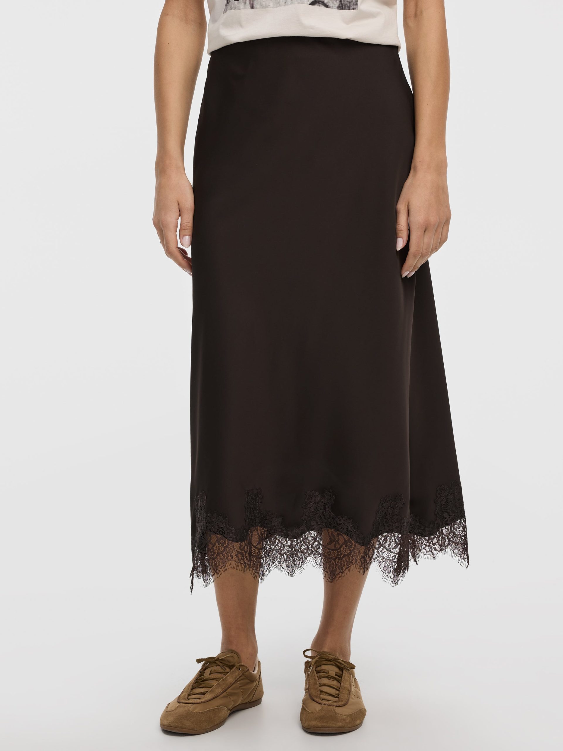 Satin A-Line Midi Skirt with Lace Trim - Image 7