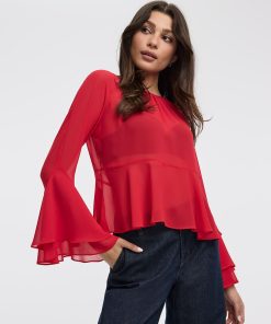 Long-Sleeve Crew-Neck Peplum Blouse