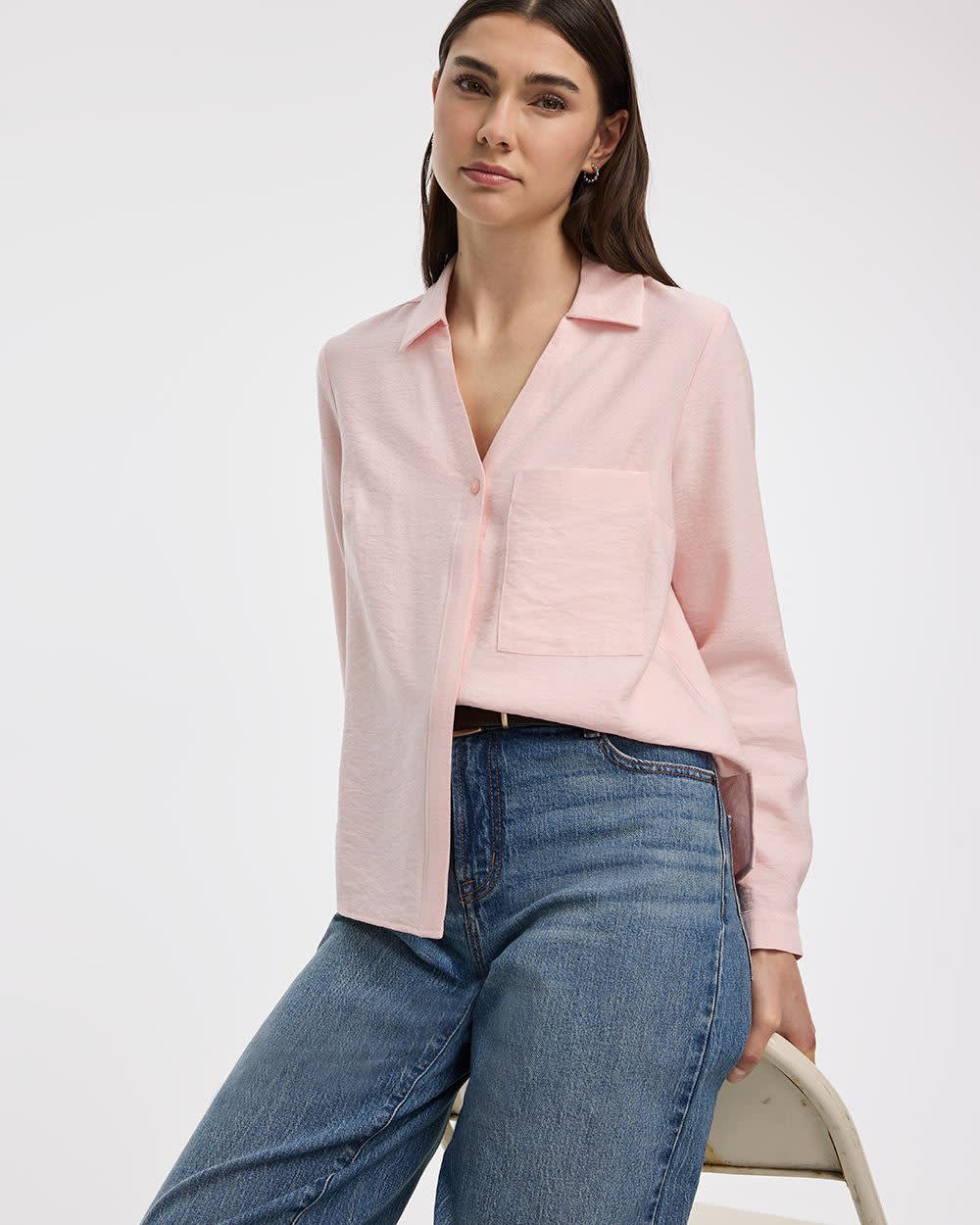 Long-Sleeve Split-Neck Blouse with Chest Pocket - Image 3